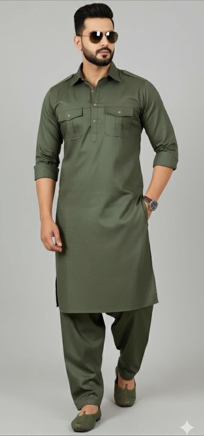 Men’s Unstitched Wash n’ Wear Suit by Wahab Fabrics (Olive Green)