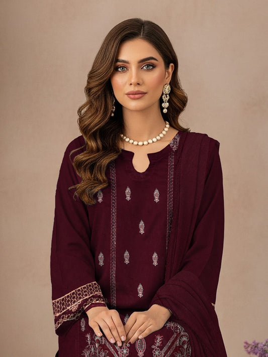 Lawn 3 Piece Suit Stitched - Deep Wine