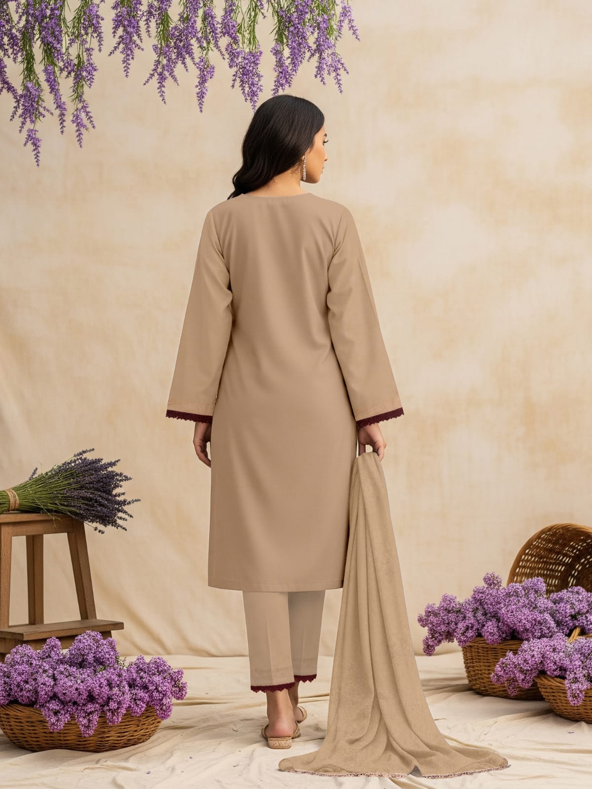 Lawn 3 Piece Suit Stitched - Light Brown