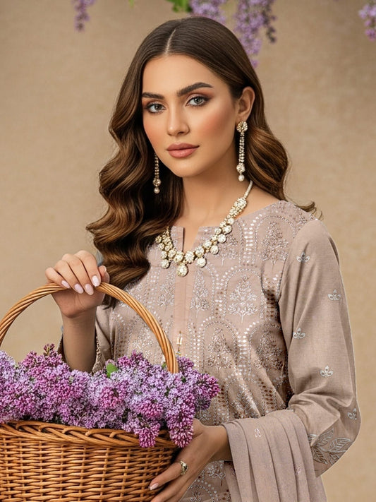 Lawn 3 Piece Suit Stitched - Light Taupe