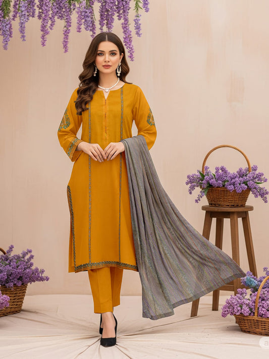 Lawn 3 Piece Suit Stitched - Yellow
