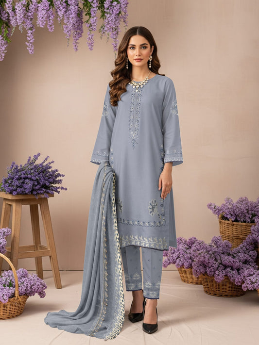 Lawn 3 Piece Suit Stitched - Gray