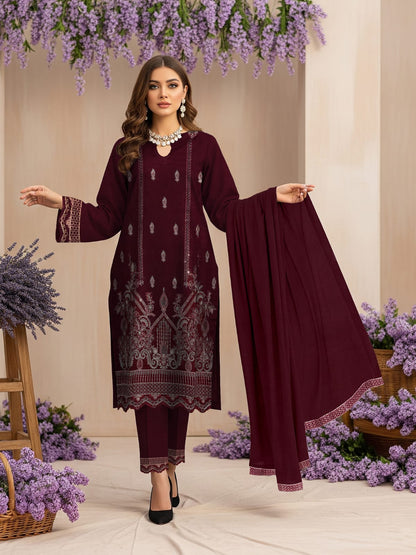 Lawn 3 Piece Suit Stitched - Deep Wine