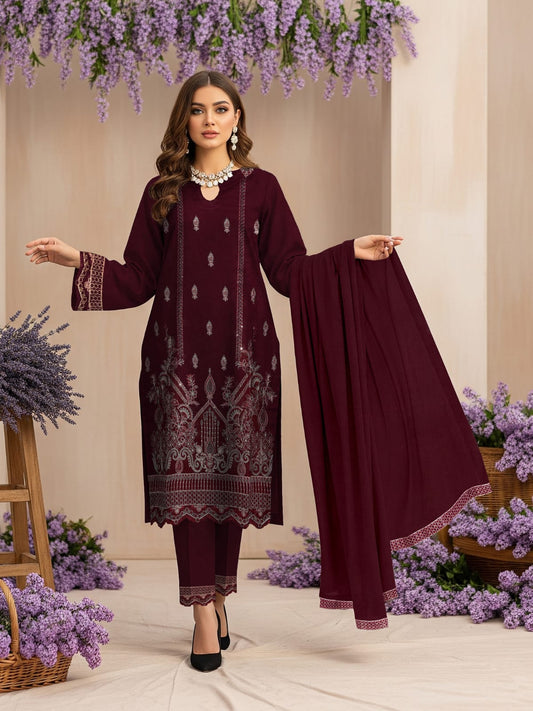 Lawn 3 Piece Suit Stitched - Deep Wine