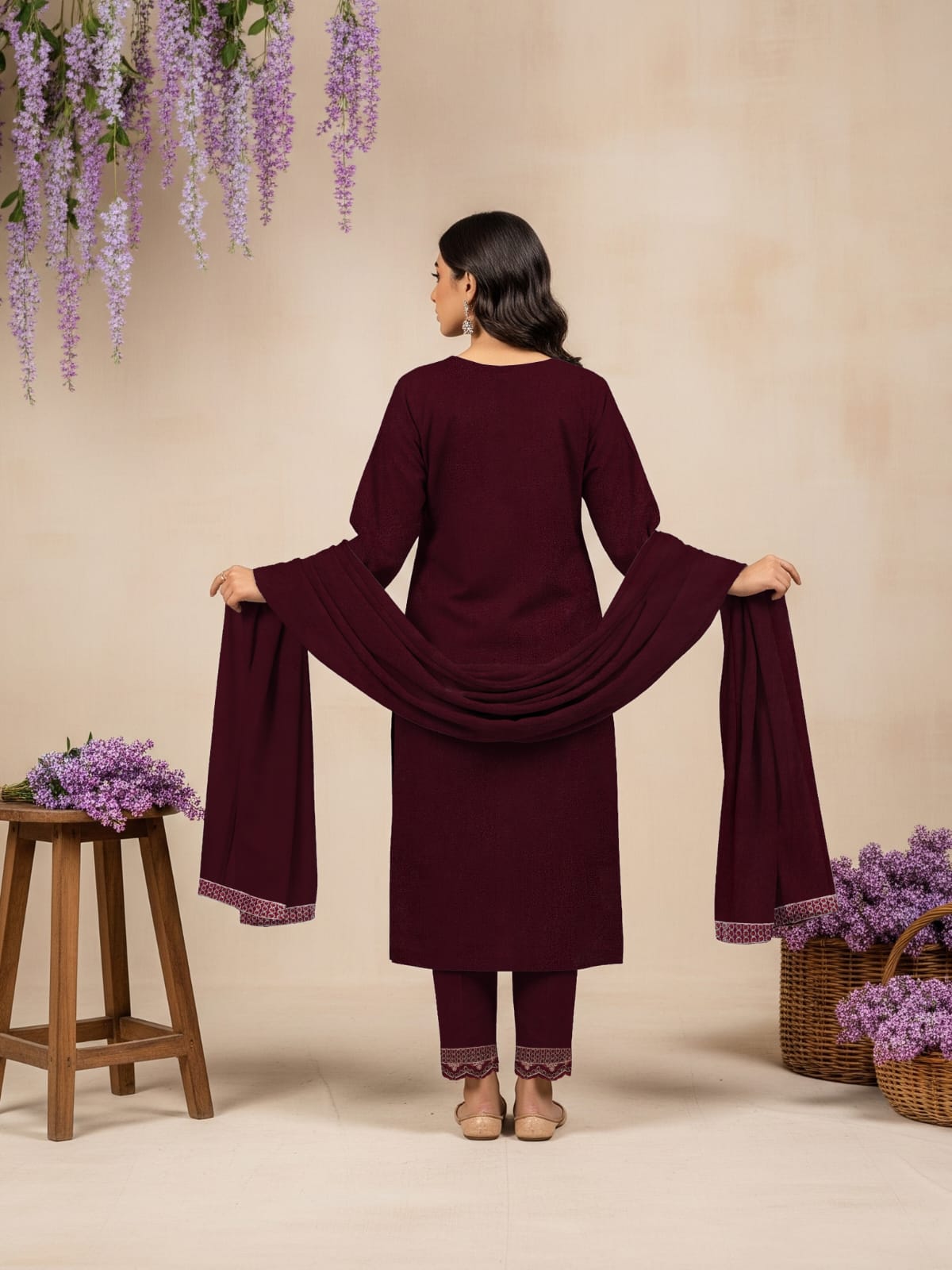 Lawn 3 Piece Suit Stitched - Deep Wine