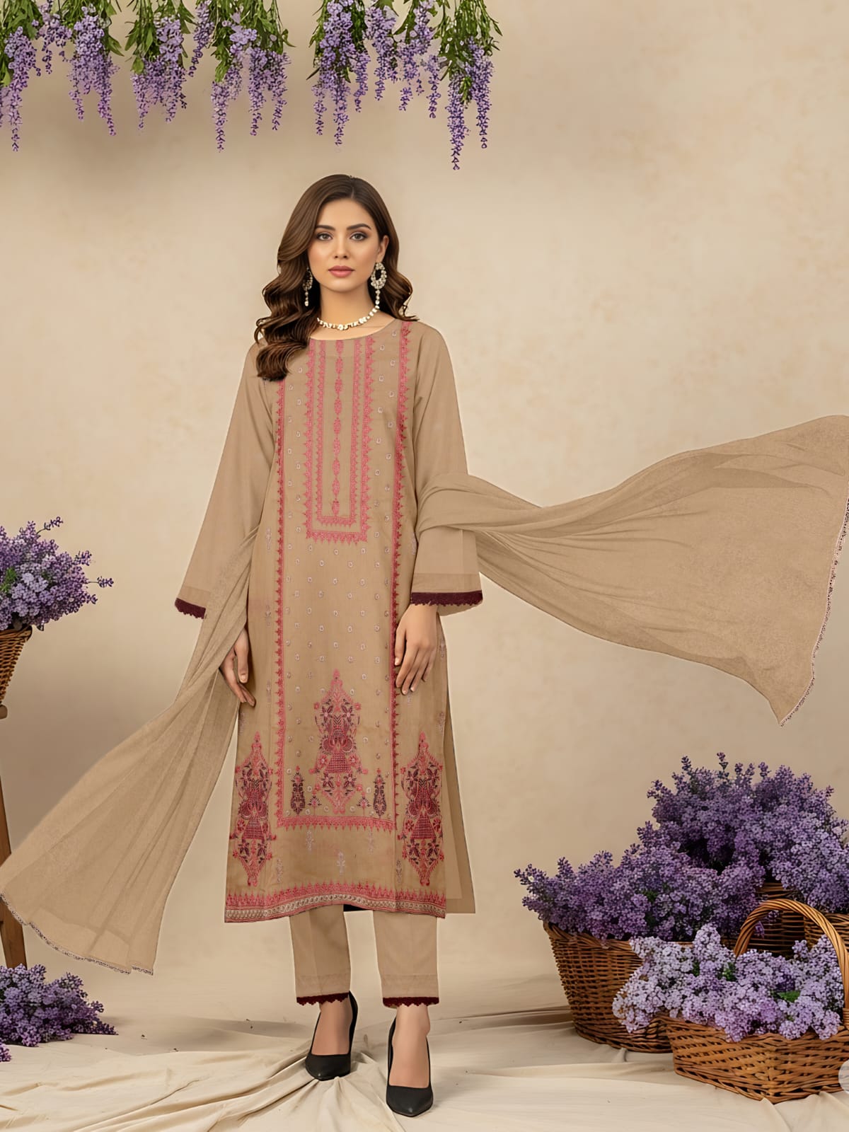 Lawn 3 Piece Suit Stitched - Light Brown