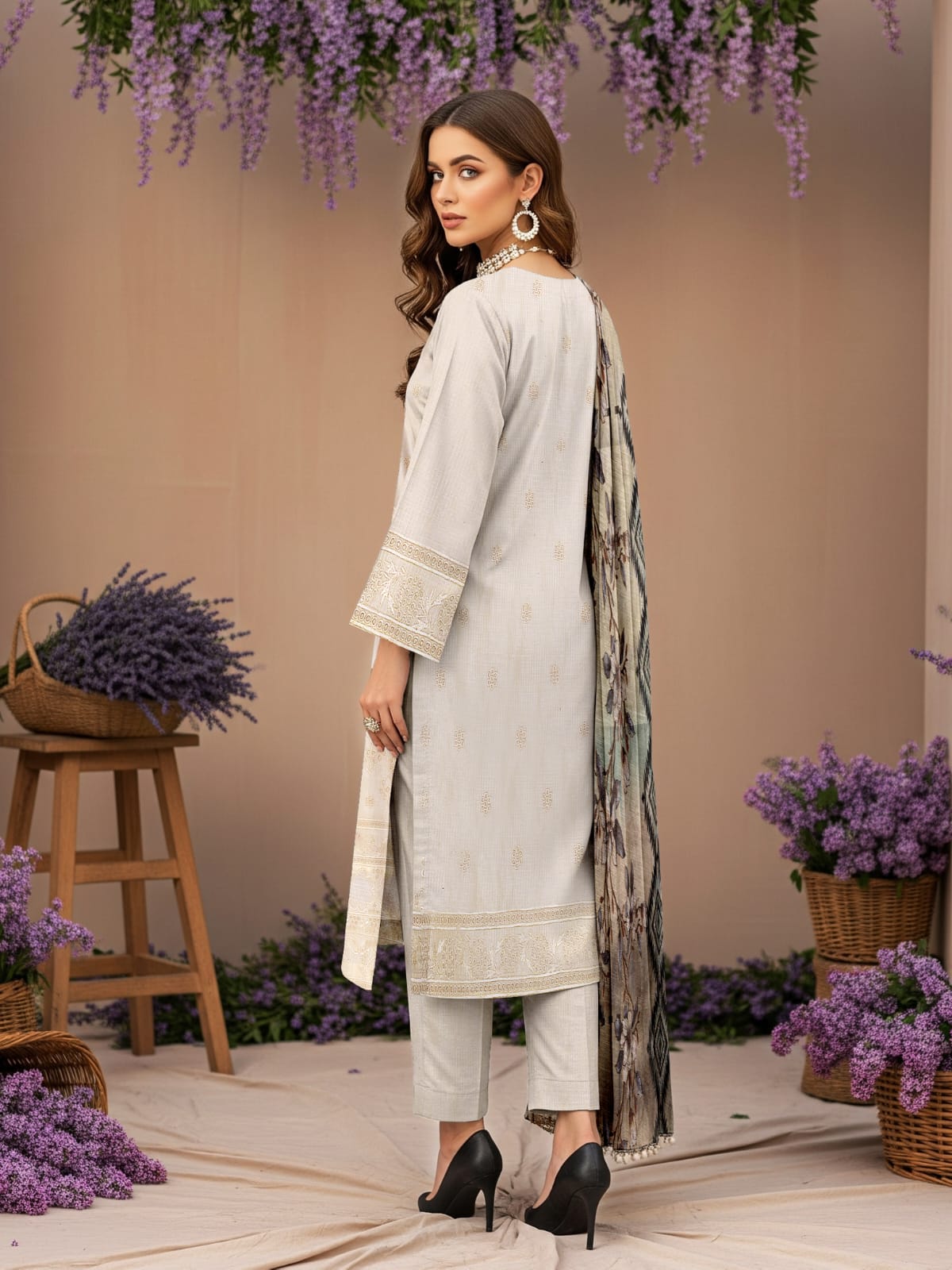 Lawn 3 Piece Suit Stitched - Pearl Grey