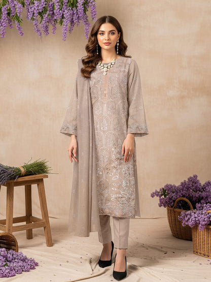 Lawn 3 Piece Suit Stitched - Light Taupe