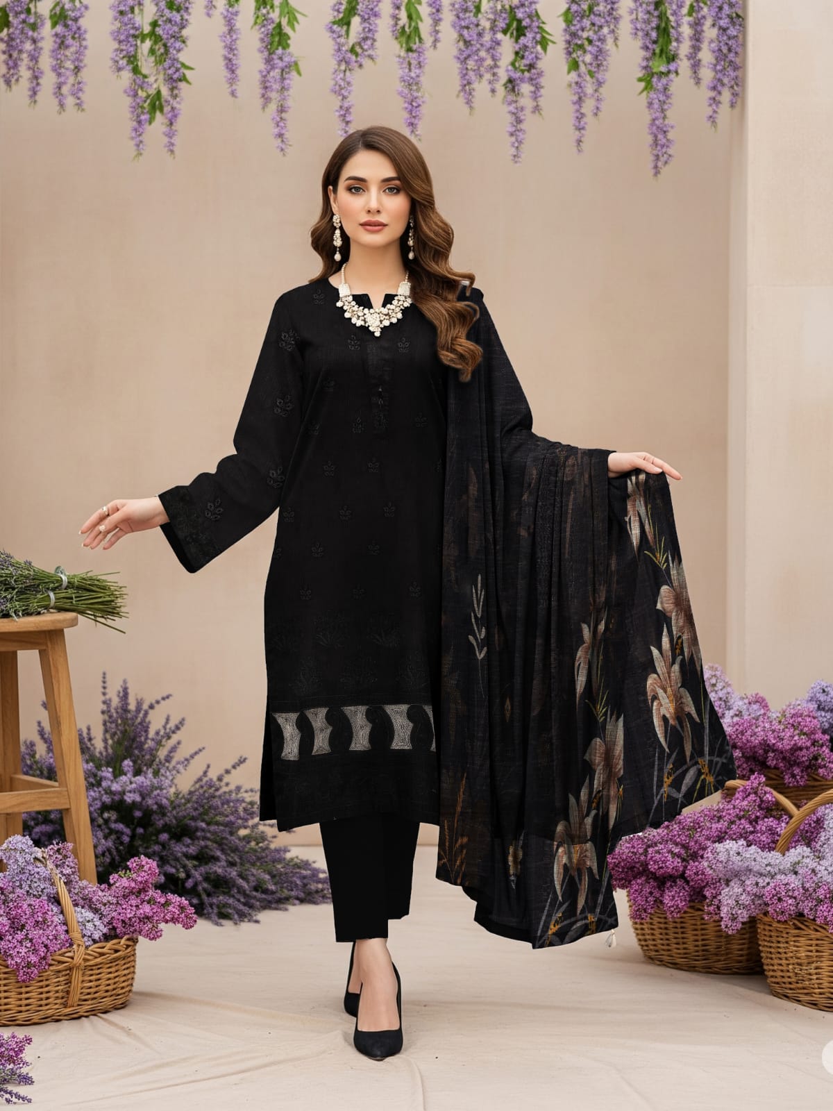 Lawn 3 Piece Suit Stitched -  Jet Black