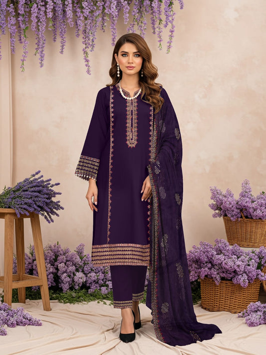 Lawn 3 Piece Suit Stitched - Royal Purple